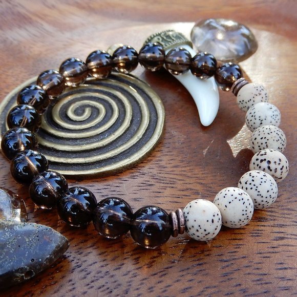 Detoxify & Thrive Gemstone Mala Bracelet/Smoky Quartz Men's Bracelet/Bodhi Seeds - Picture 2 of 3